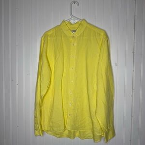 Raphael Positano Pure Linen Long Sleeve Button Front Shirt in Light Yellow Large